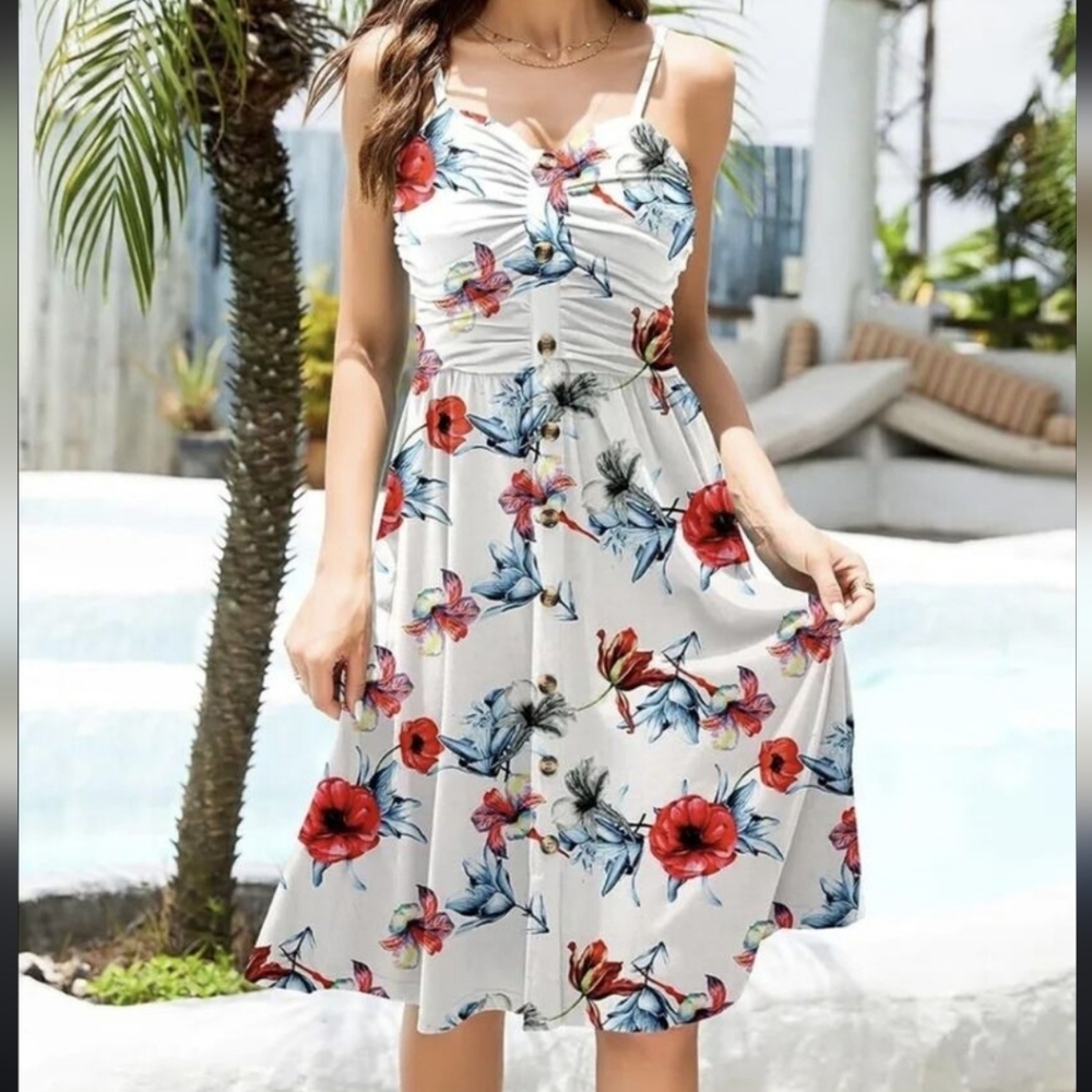 Drimmaks Summer Casual Dress Florals Buttons Down Ruched Sweetheart Neck